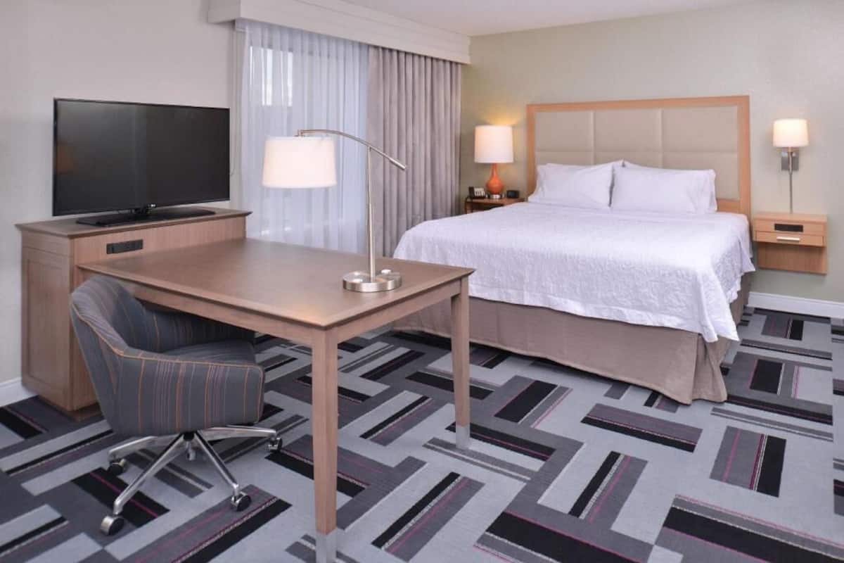 A hotel room with a bed, a desk with a chair, a television, and two bedside lamps.