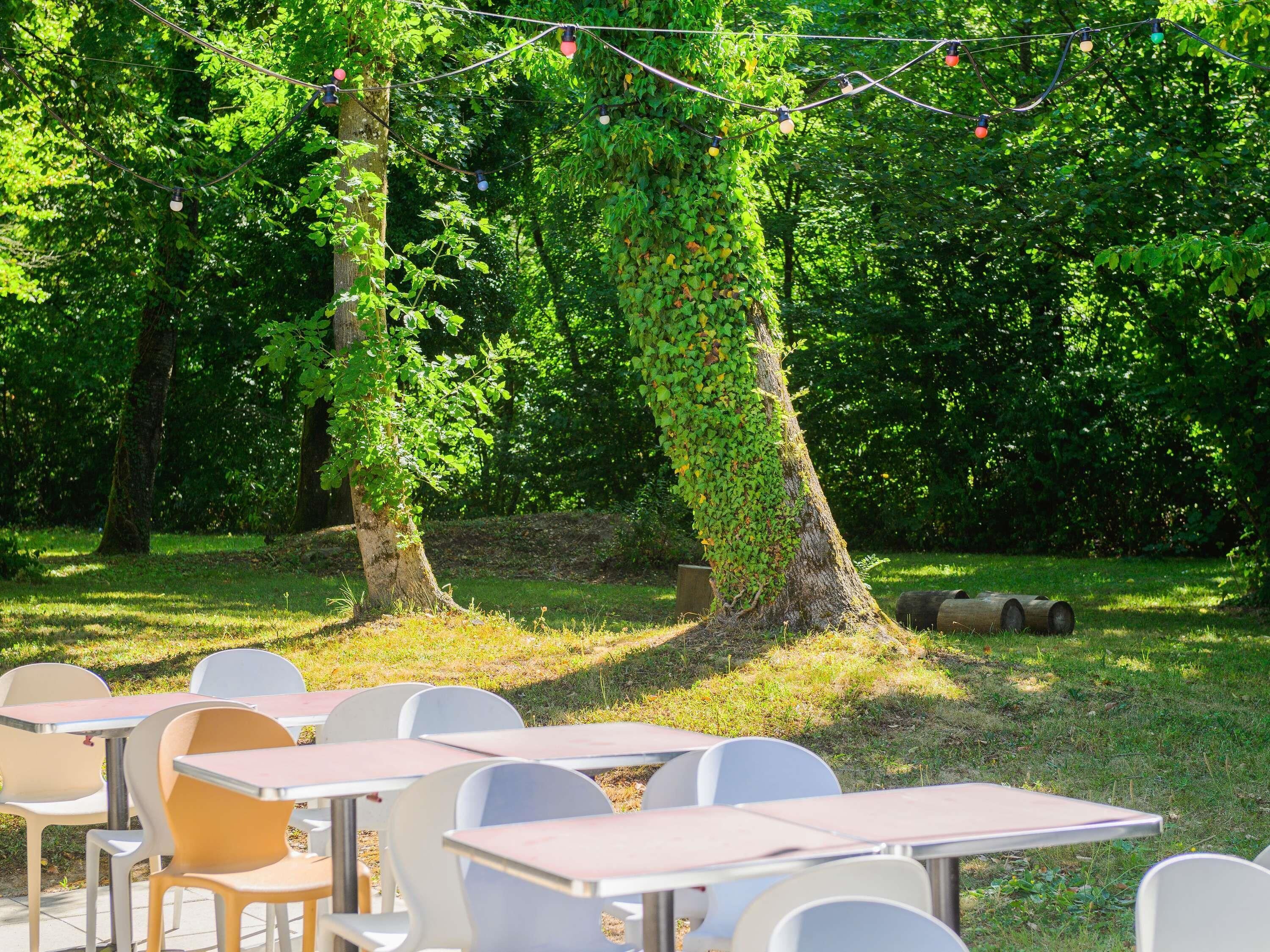Un área con mesas y sillas para sentarse al aire libre, rodeada de árboles y follaje.