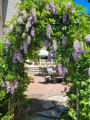 Un jardín con un pérgola cubierta de flores moradas, un patio con mobiliario exterior y una cerca blanca.