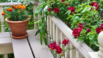 Un banco de madera con barandilla blanca y una planta en maceta con flores rojas.