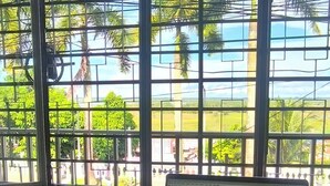 A laptop on a table with a book and a can of beer, with a view of palm trees and a fence through large windows. - Flying Dog Hostels Iquitos (Iquitos)