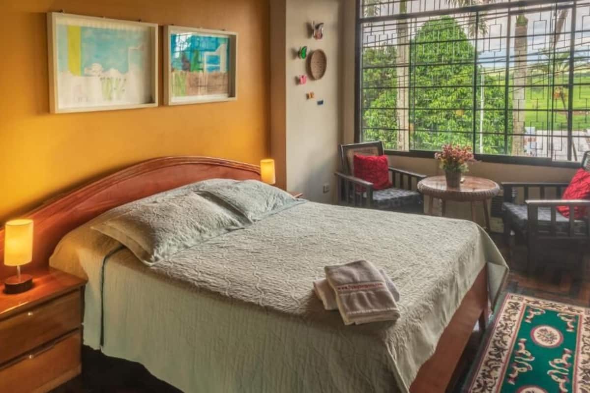 A bedroom with a bed, bedside table, lamp, and a view of the outdoors through a window.