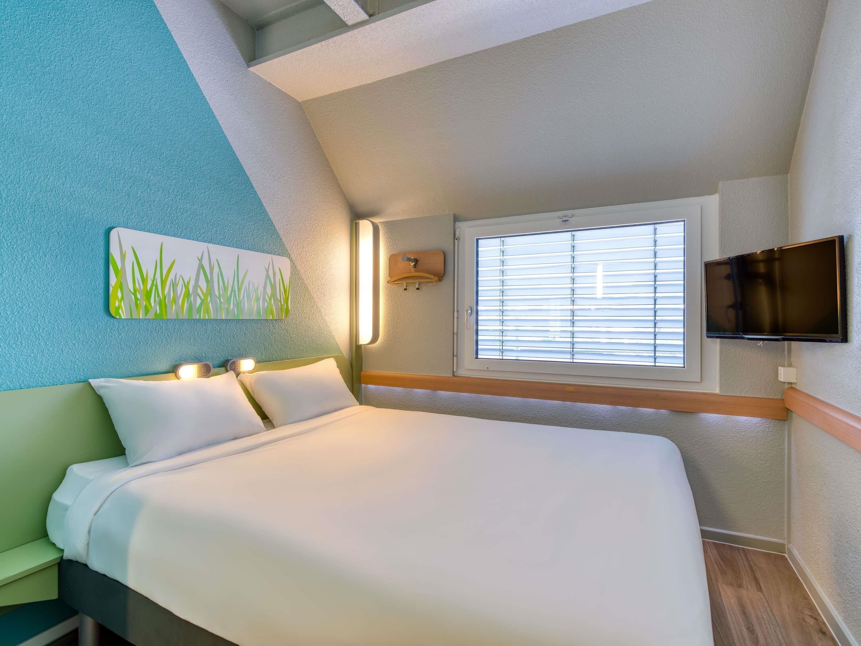 Habitación de hotel con cama, un cuadro de hierba, ventana con persianas y televisor montado en la pared.