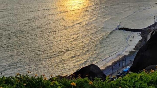 A coastal landscape with a sunset over the ocean, rocky shoreline, and greenery in the foreground. - Flying Dog Backpackers Hostel (Lima)