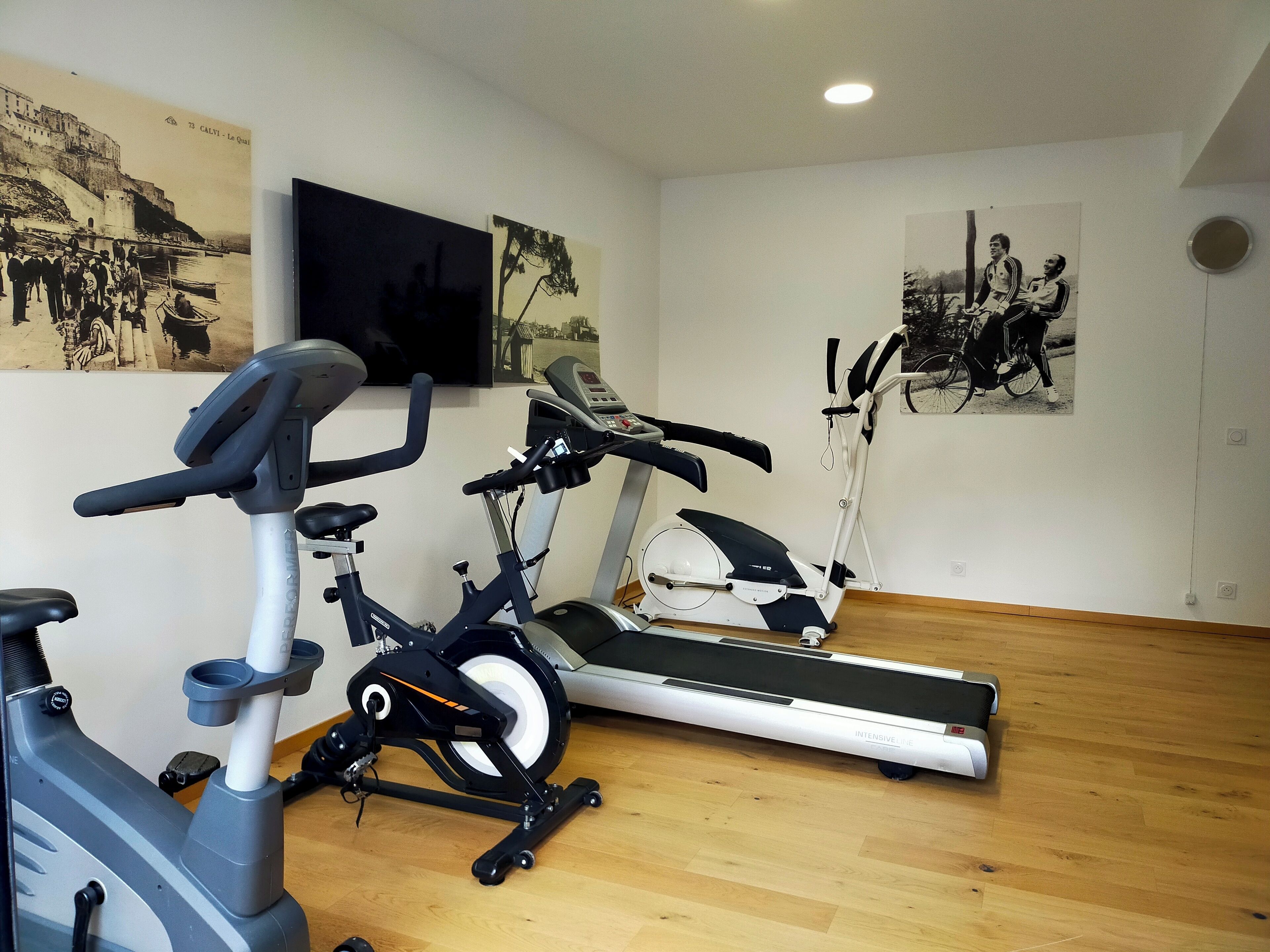 A home gym with two stationary bikes and a treadmill.