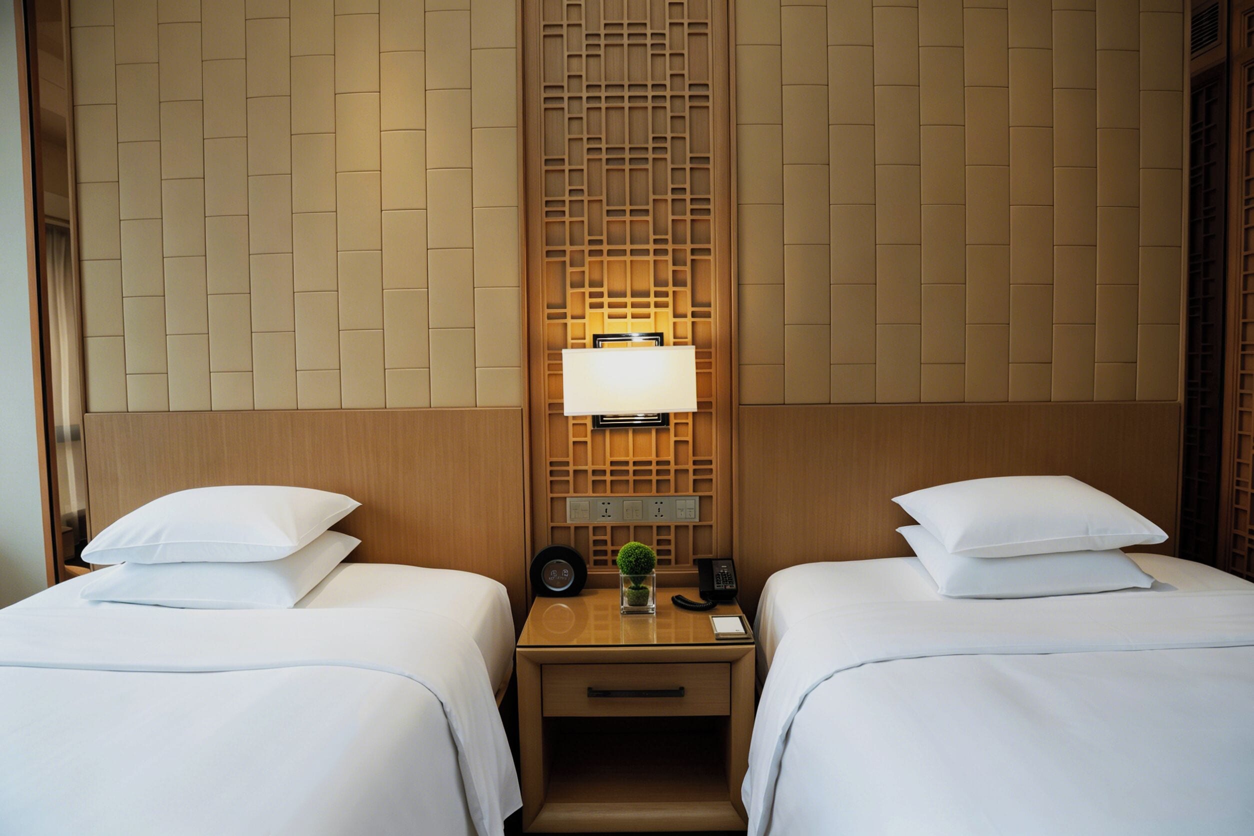 A hotel room with two beds, a nightstand with a lamp, a phone, and a small plant.