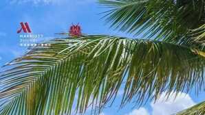 A beach scene with a person in a white dress and hat, palm trees, and a clear sky.