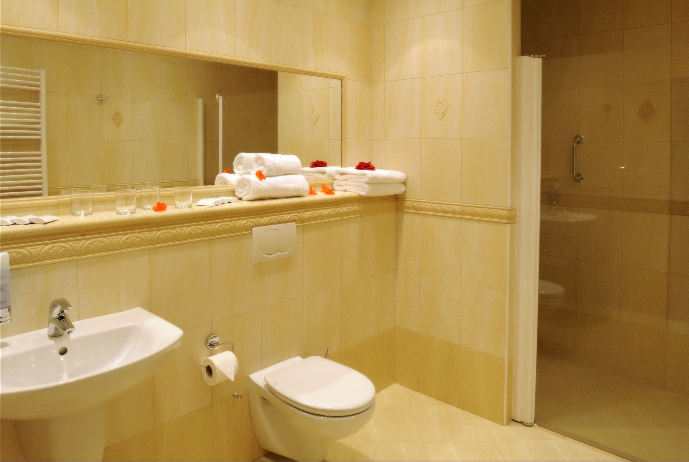 free toiletries, hair dryer, slippers, towels