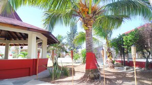 A covered outdoor area with a palm tree, a red building, and a fenced garden. - Hostal Marlyn Sai (San Andrés)