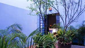 A courtyard with potted plants, a ladder, and a building with a blue wall and a window.