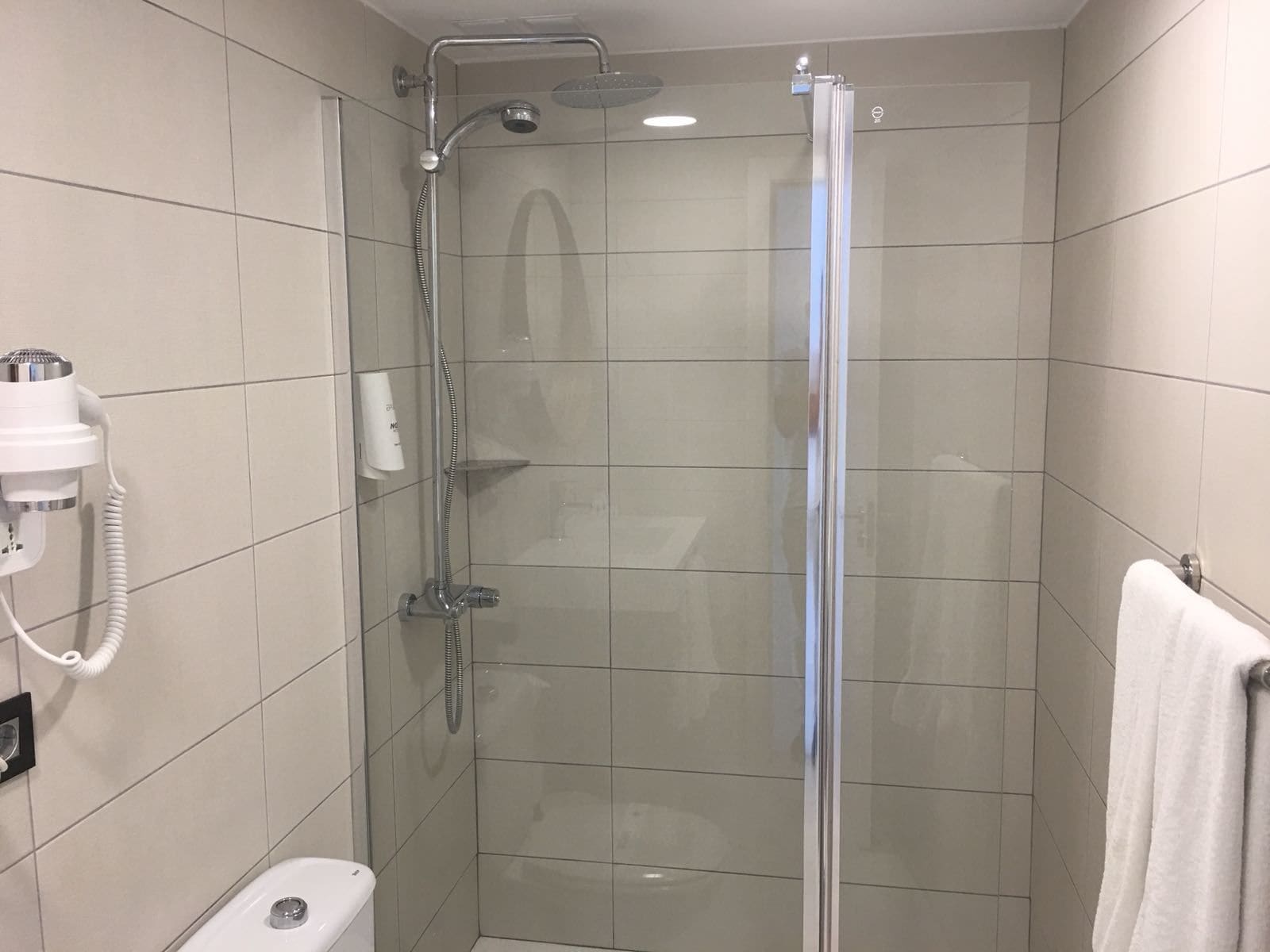 Eine begehbare Glasdusche mit Handbrause, Fön und Handtuchhalter.