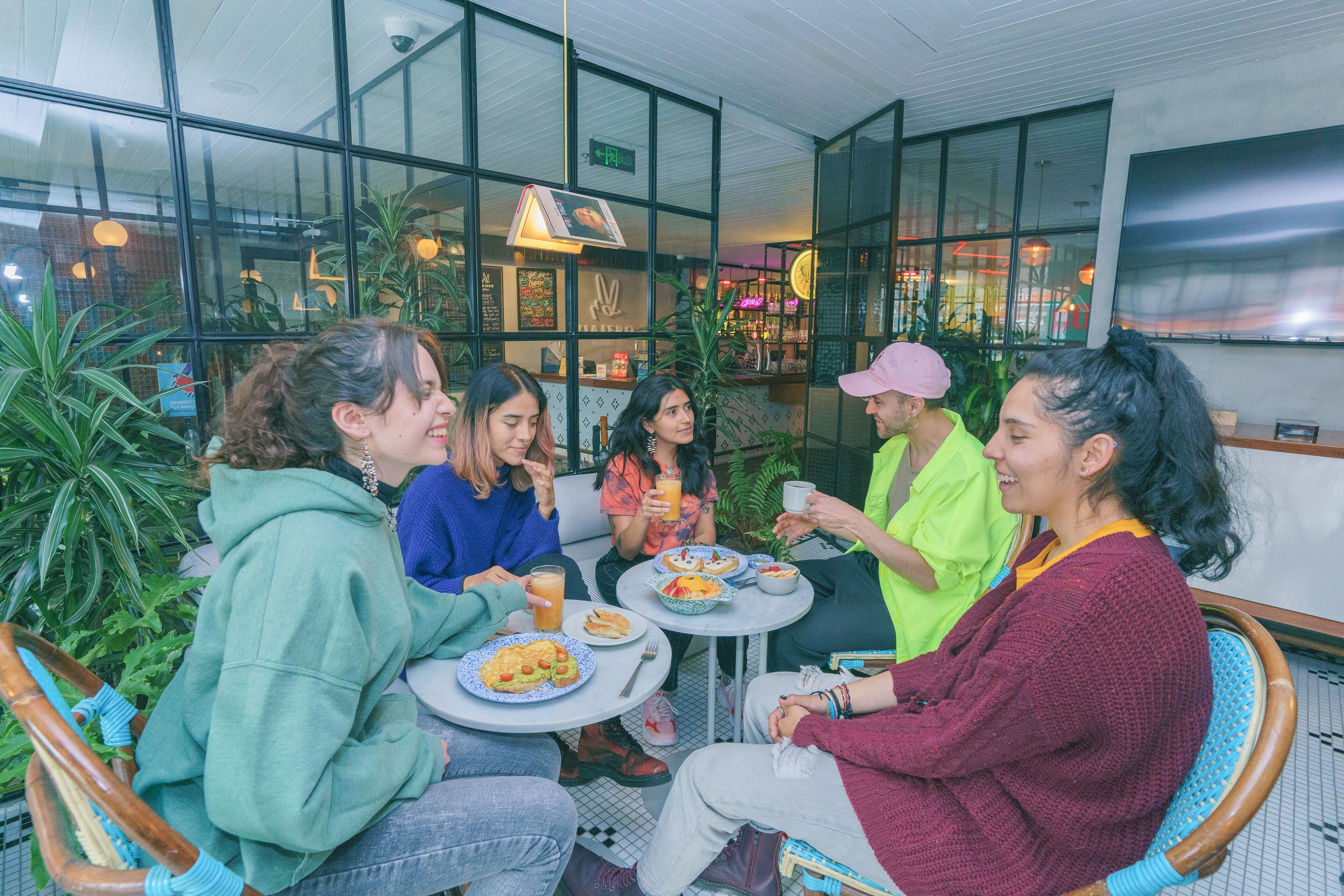 Eine Gruppe von Personen sitzt an Tischen in einem Café mit großen Fenstern und Zimmerpflanzen.