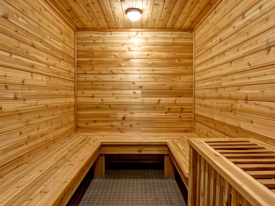 Puisesta laudelavasta ja laatoitetusta lattiasta koostuva sauna.