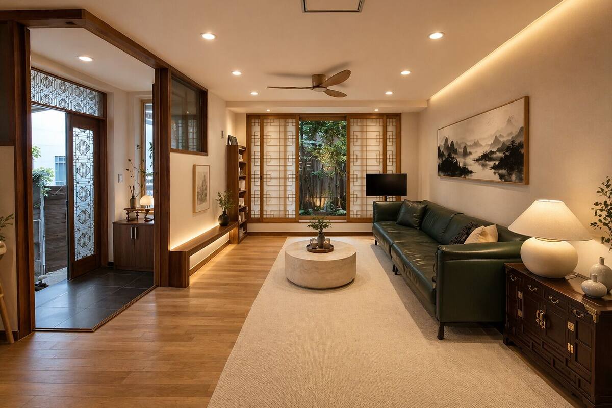 Ein modernes Wohnzimmer mit einem grünen Sofa, einem runden Couchtisch und einem Deckenventilator.