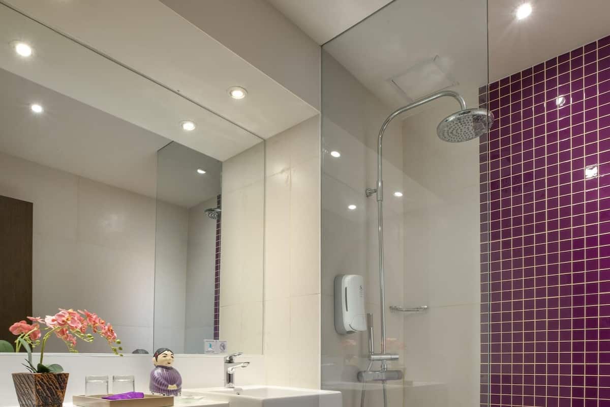 shower, free toiletries, bathrobes, slippers