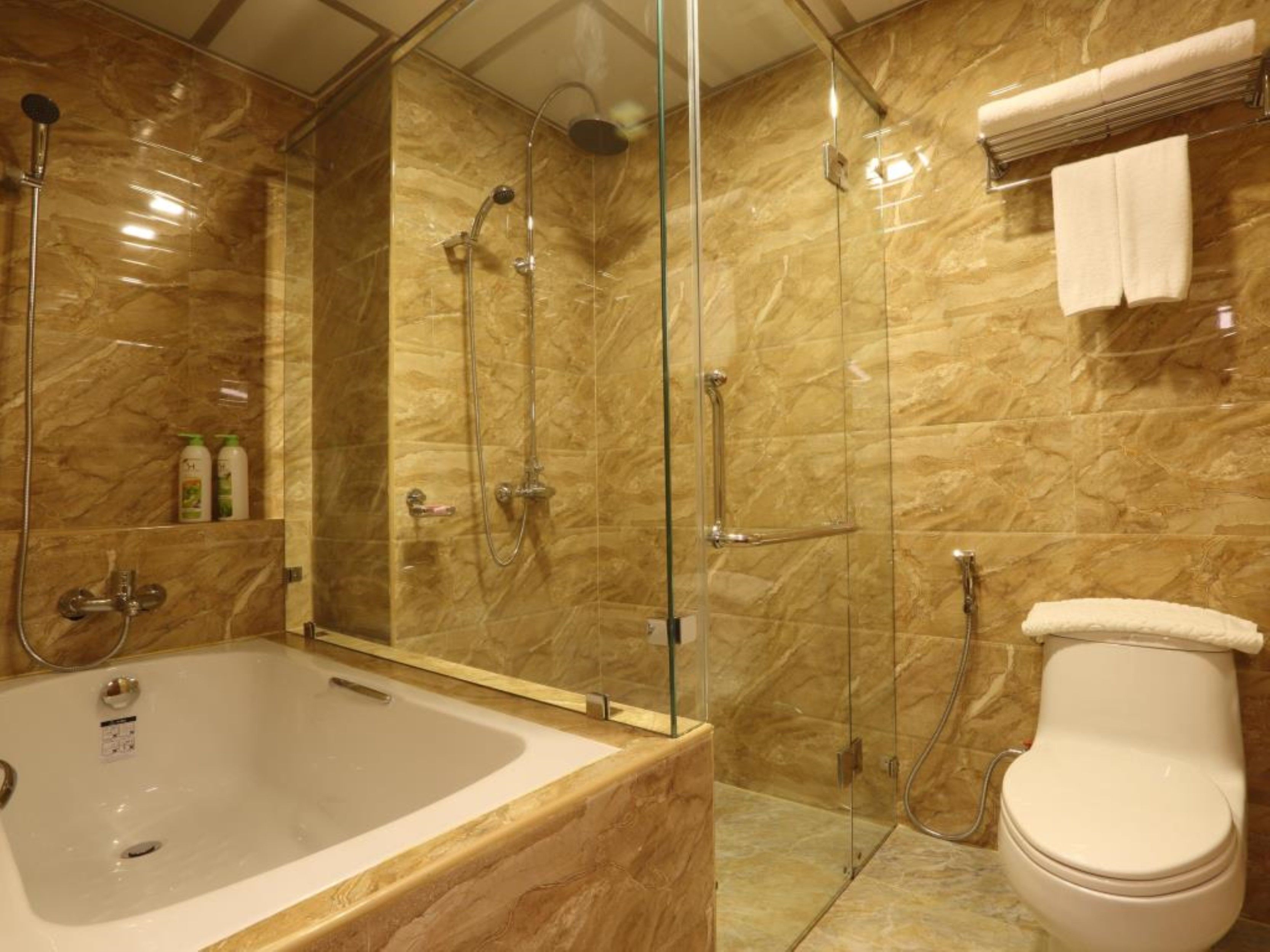 rainfall showerhead, free toiletries, hair dryer, bathrobes