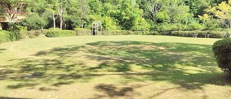 A well-maintained lawn with a gazebo and a hedge in the foreground.