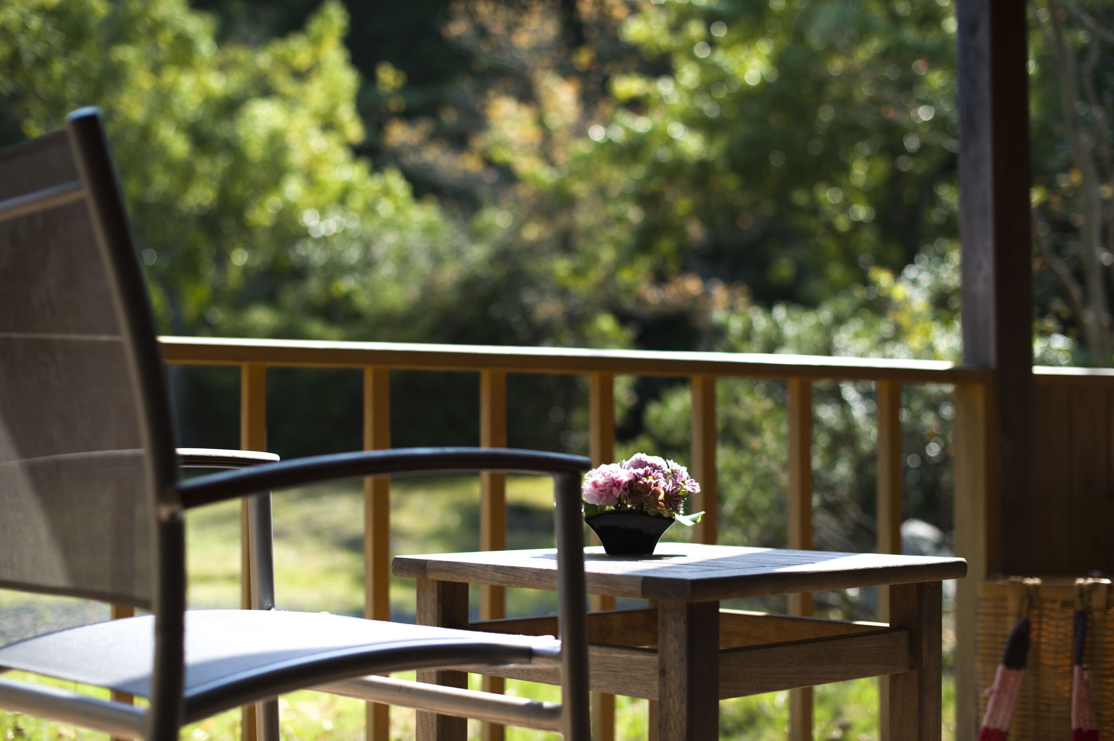 A wooden chair and table with a potted plant on a balcony with a wooden railing, overlooking a green landscape.