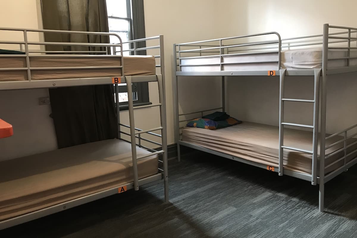 Ein Zimmer mit Etagenbetten, beschriftet A, B, C, D und E.