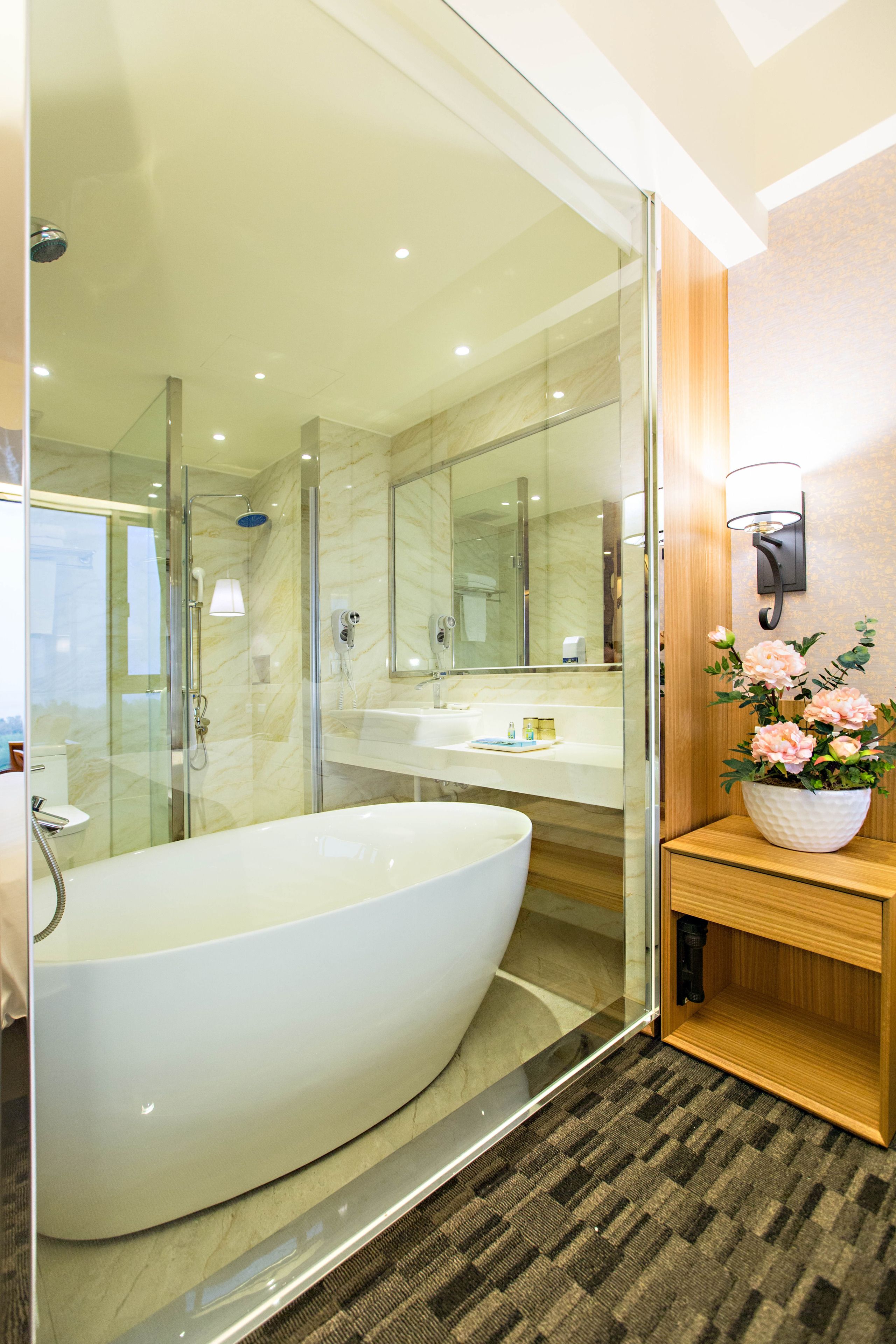 double bed with sea view | bathroom | hair dryer, slippers, towels