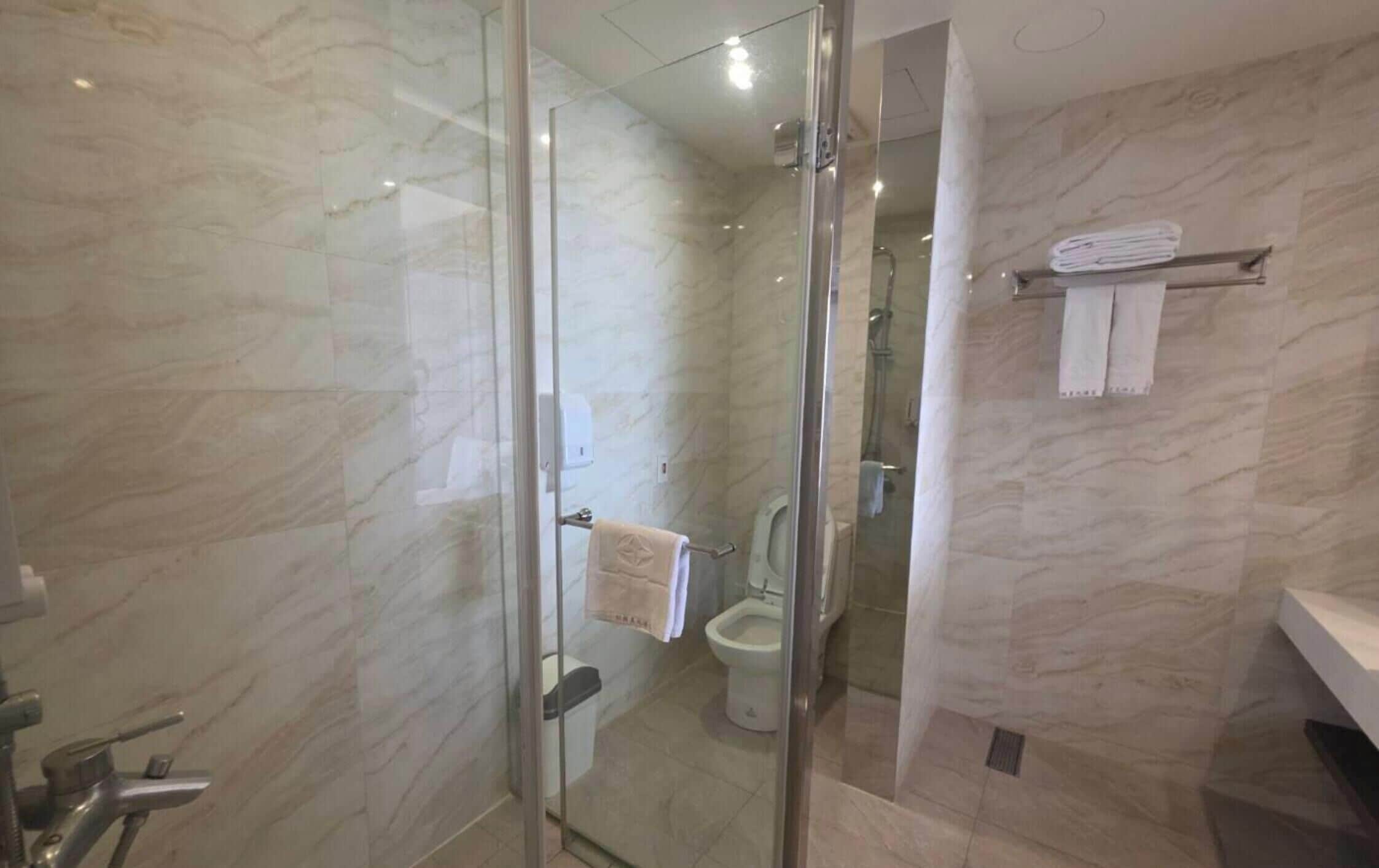 A modern bathroom with a glass-enclosed shower, a toilet, and a towel rack.