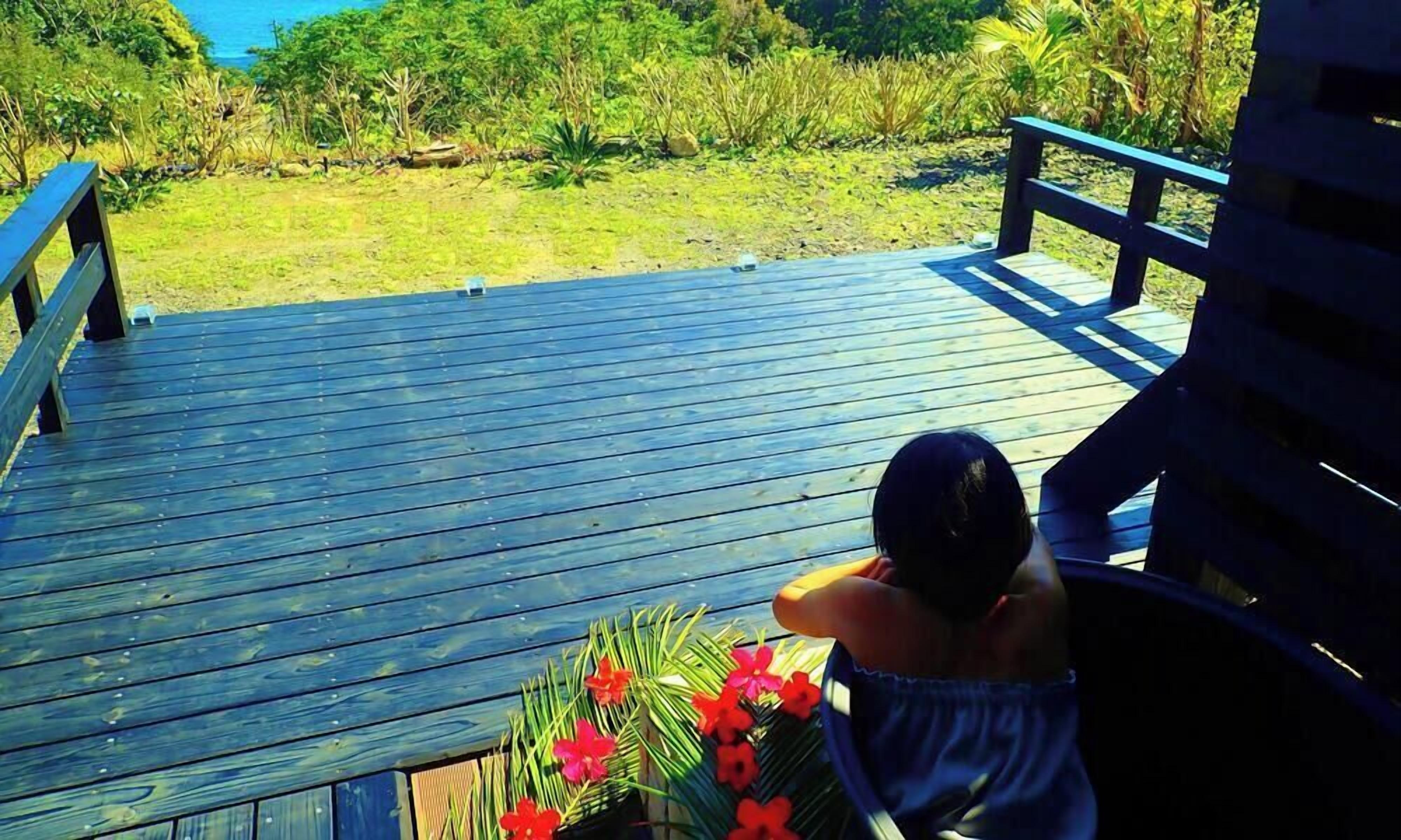 A wooden deck with a railing, overlooking a grassy area with vegetation and a body of water.