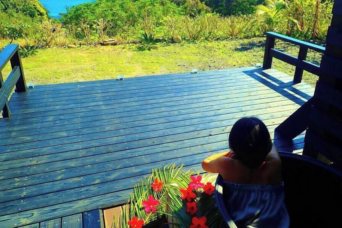 A wooden deck with a railing, overlooking a grassy area with vegetation and a body of water.