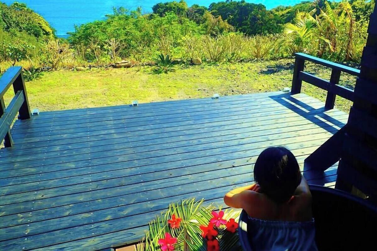 A wooden deck with a railing, overlooking a grassy area with dense vegetation and a view of the ocean.