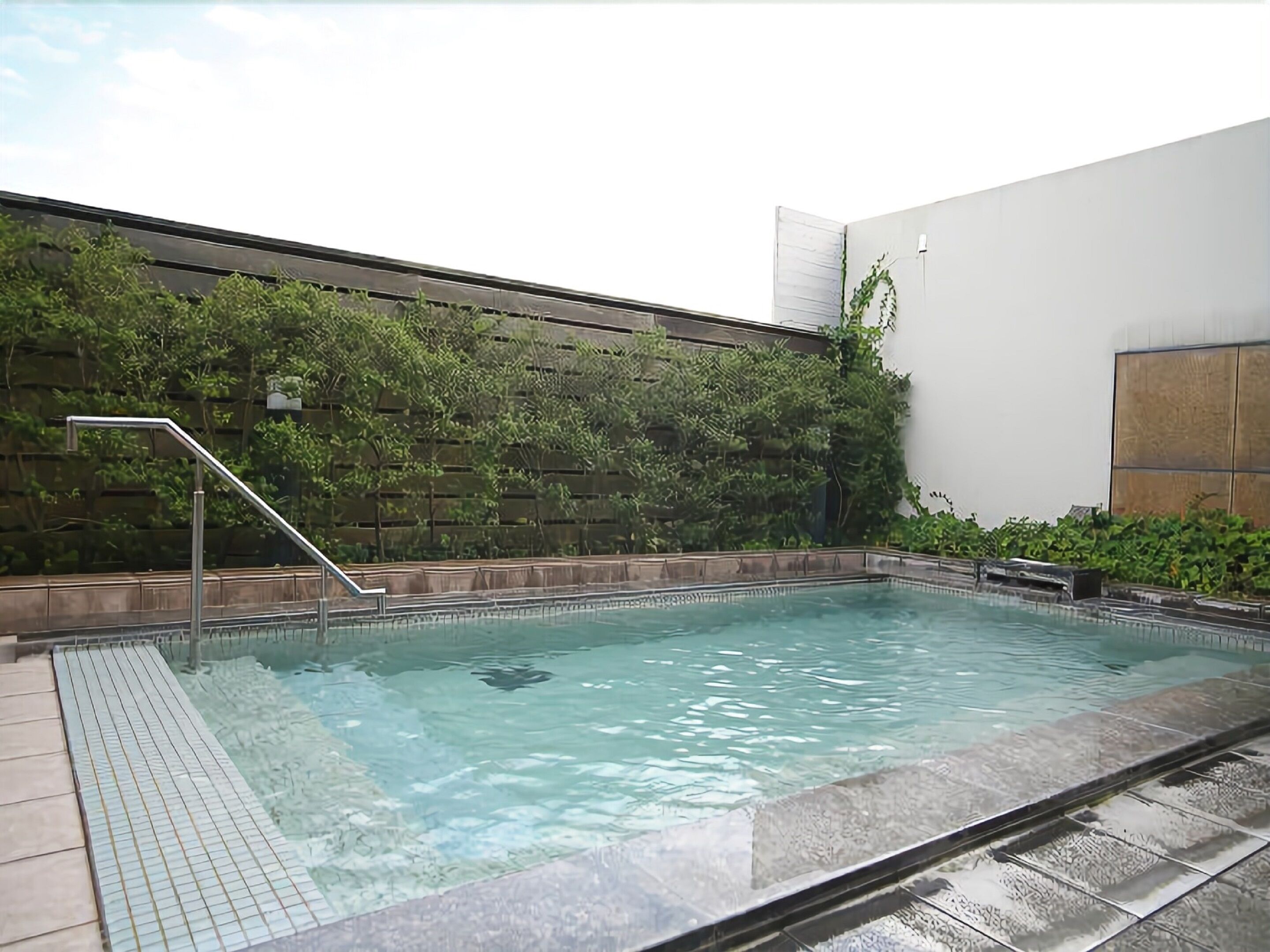 A swimming pool with a tiled deck, a metal ladder, and a wall with green plants.