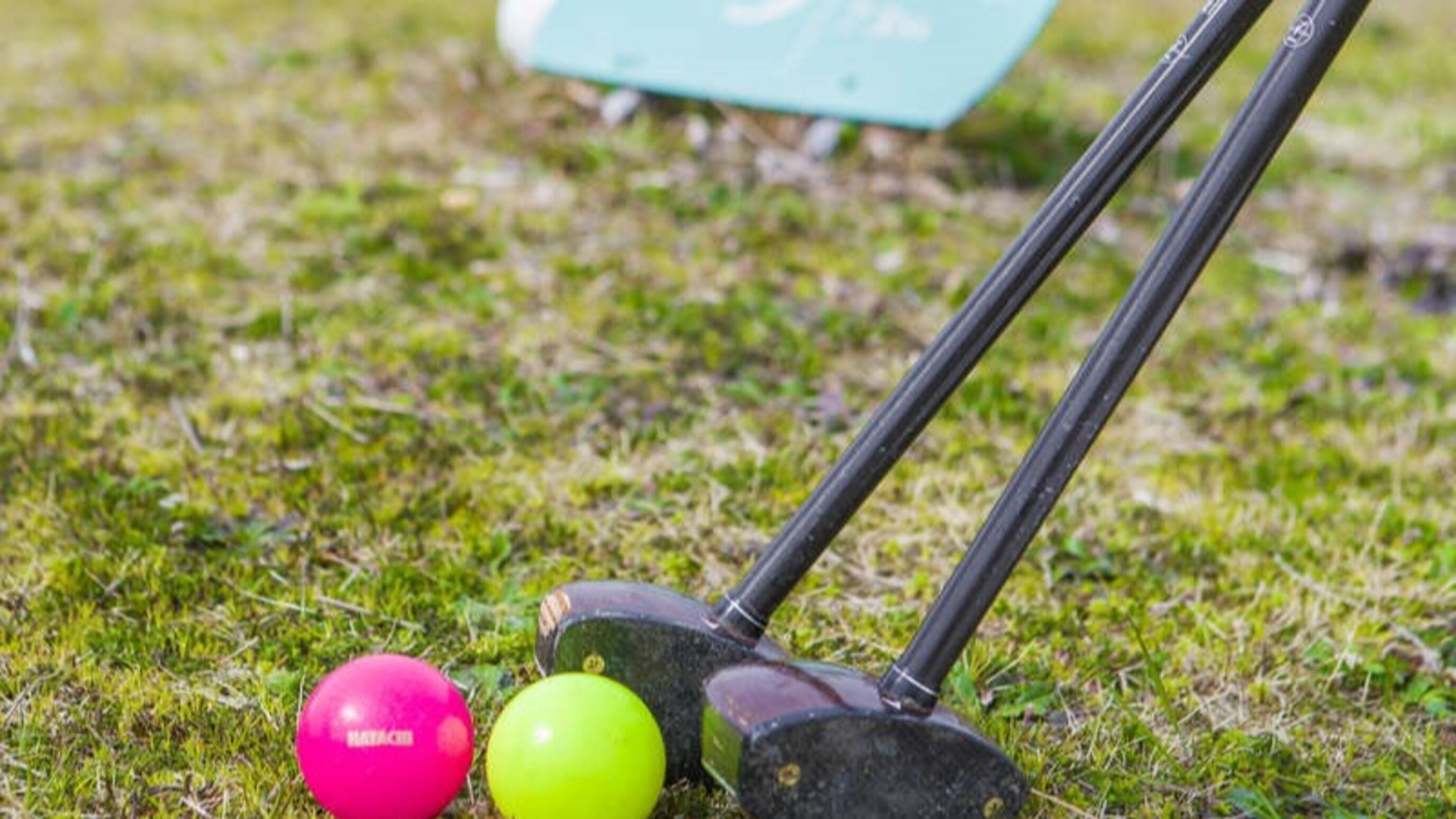 A golf club with two golf balls on the ground.