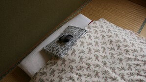 Una cama con una colcha estampada de flores y una almohada con diseño.