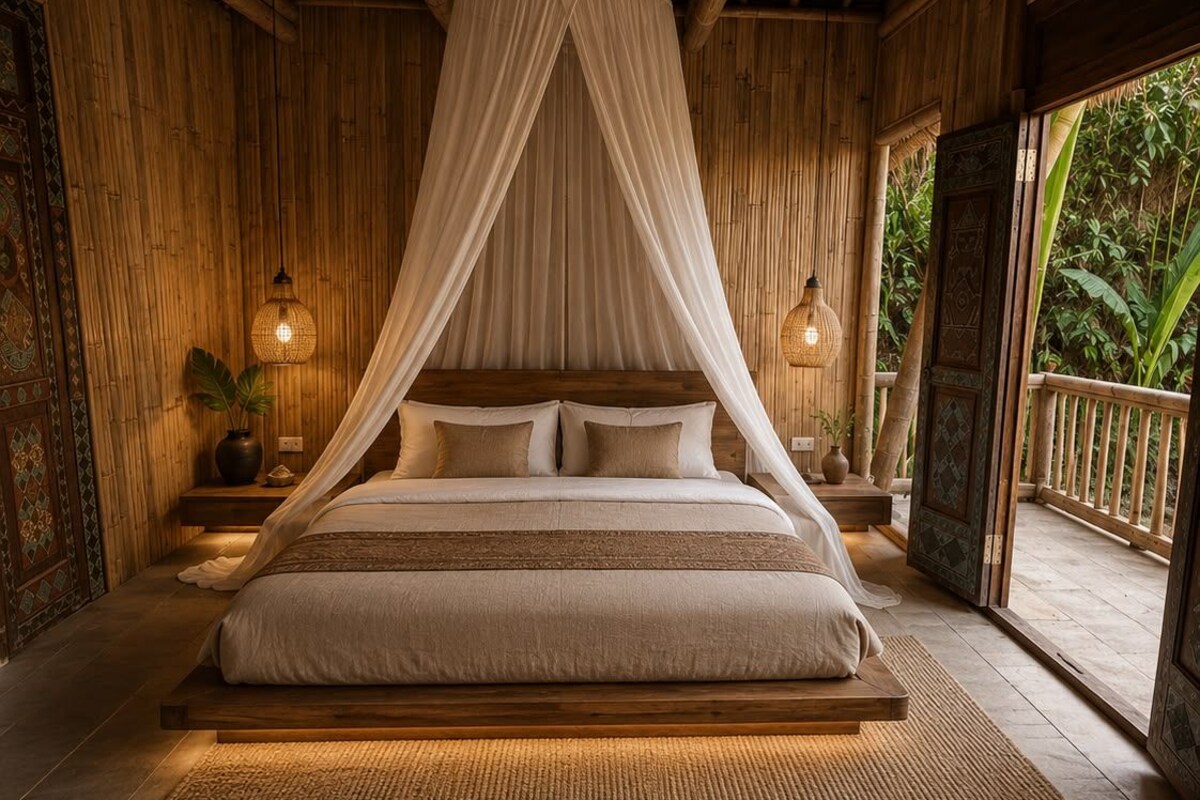 A room with a bed under a canopy, wooden walls, and a view of greenery outside.