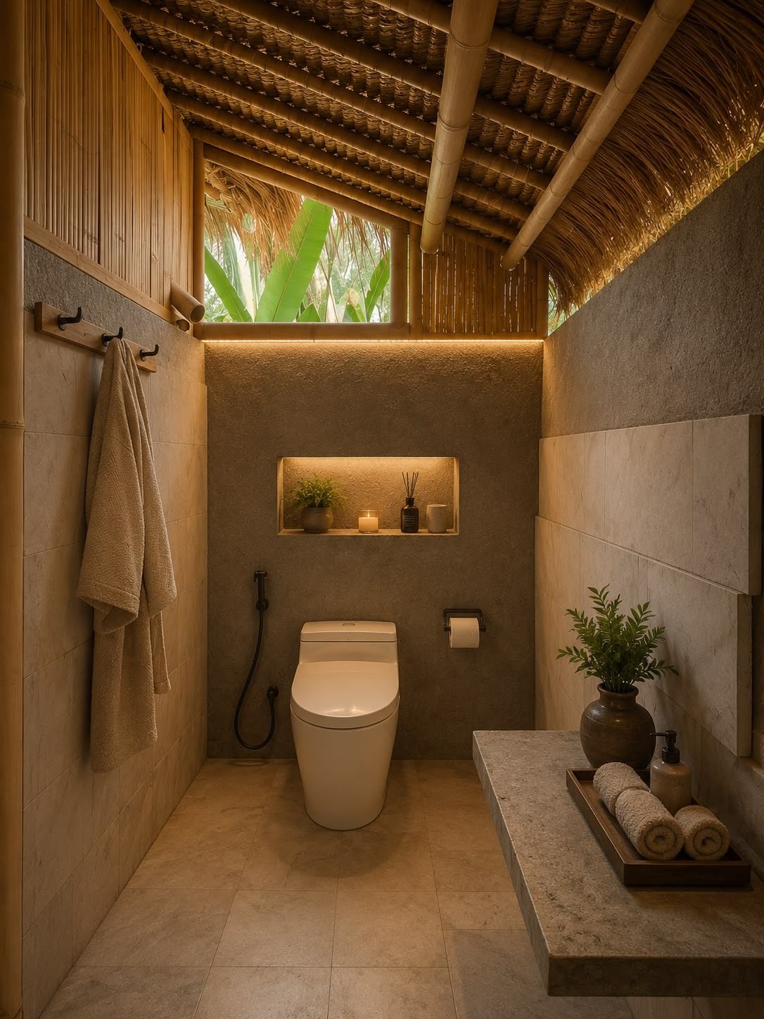 A modern bathroom with a toilet, a sink, a towel rack, a shelf with a candle, and a plant.