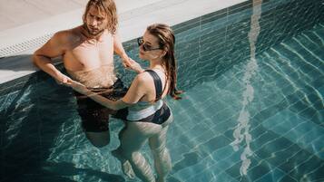 Seasonal outdoor pool, pool umbrellas, sun loungers