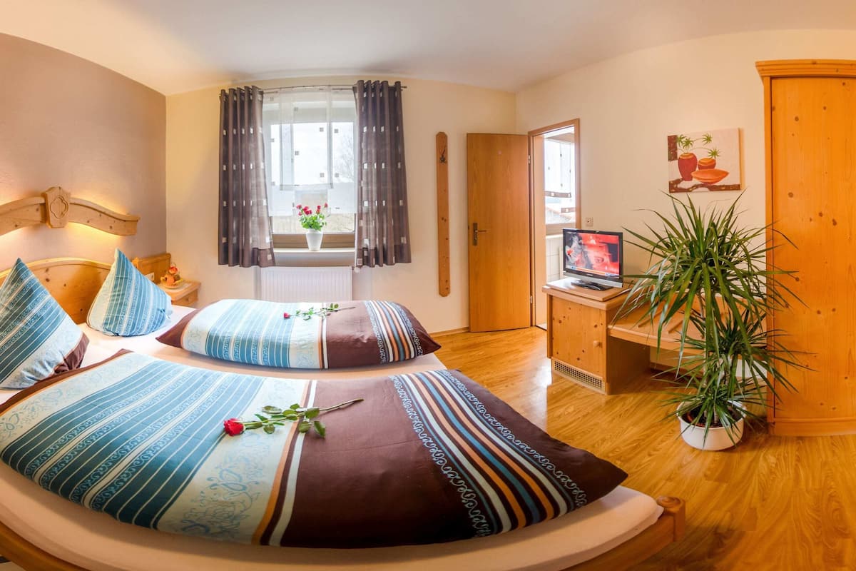 A hotel room with a bed, a desk with a TV, a potted plant, and a window with curtains.