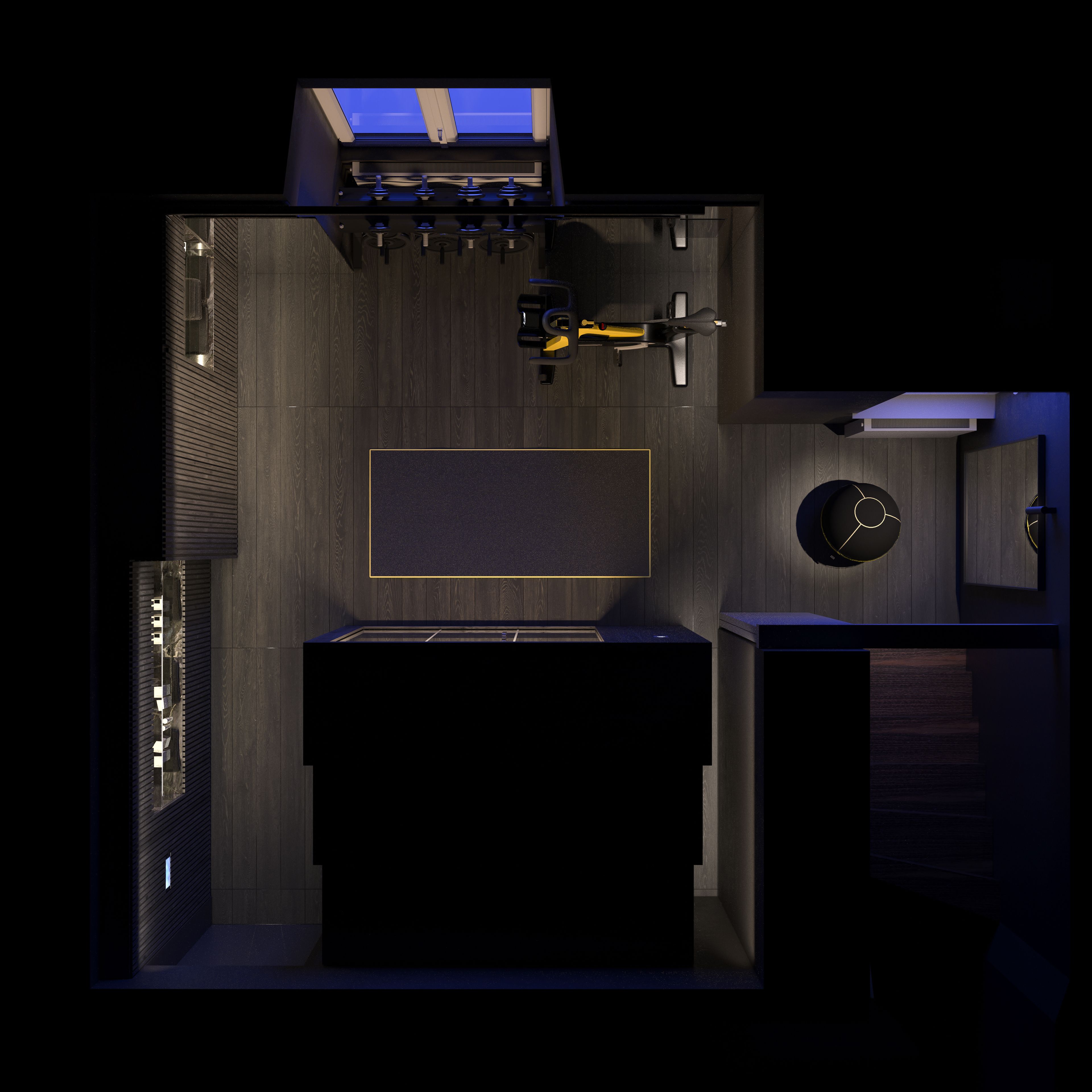 A modern, dark-themed room with a large flat-screen TV mounted on the wall, a small exercise bike, and a compact desk area.