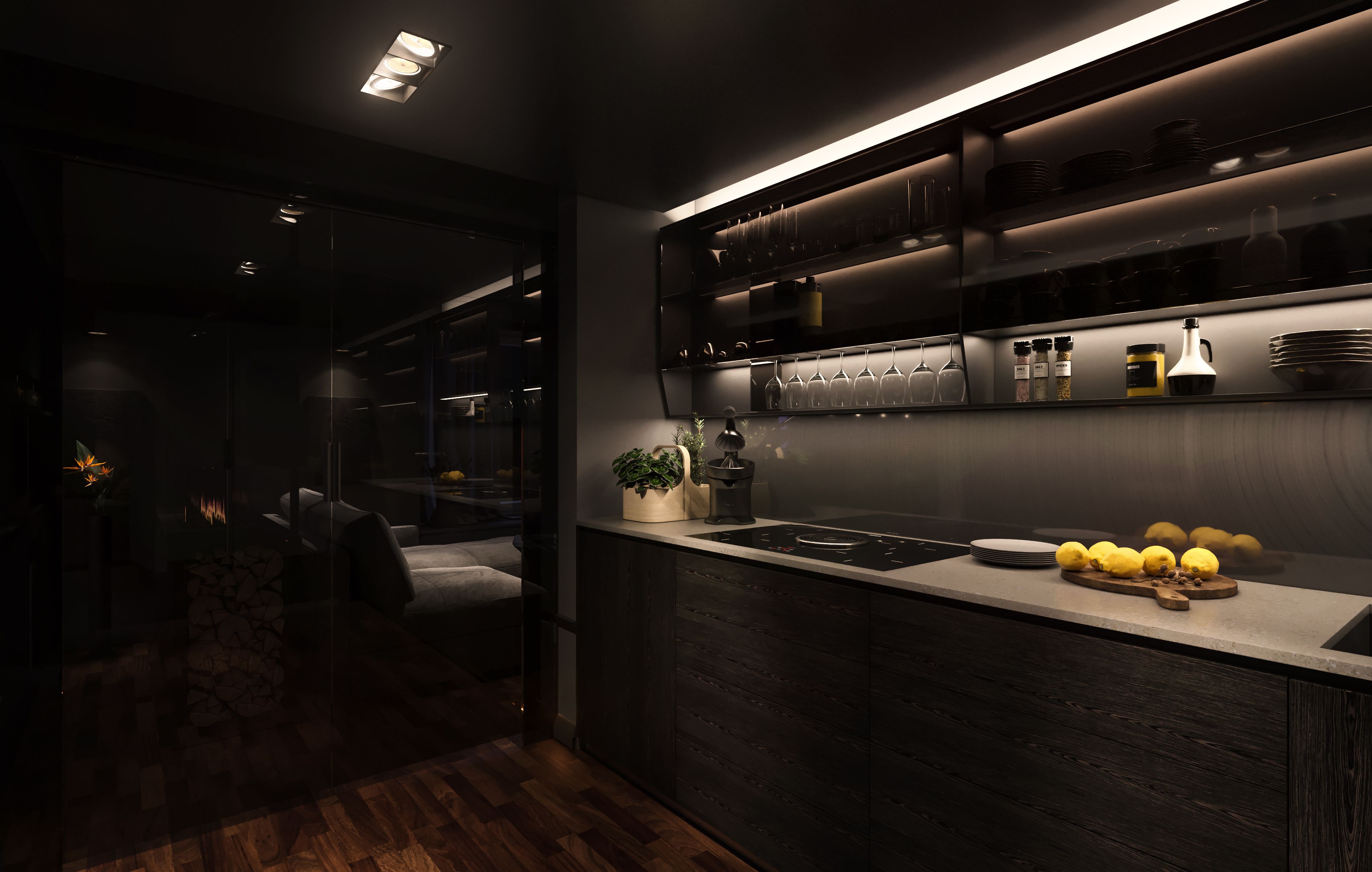 Una cocina moderna con armarios de madera oscura, un lavamanos de acero inoxidable y una encimera con limones y una tabla de cortar.