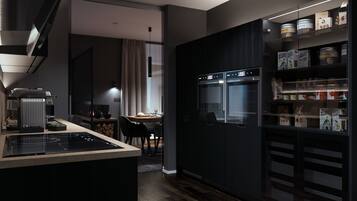 Großer Kühlschrank, Ofen, Herdplatte, Geschirrspüler