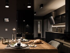 Full-size fridge, oven, stovetop, dishwasher