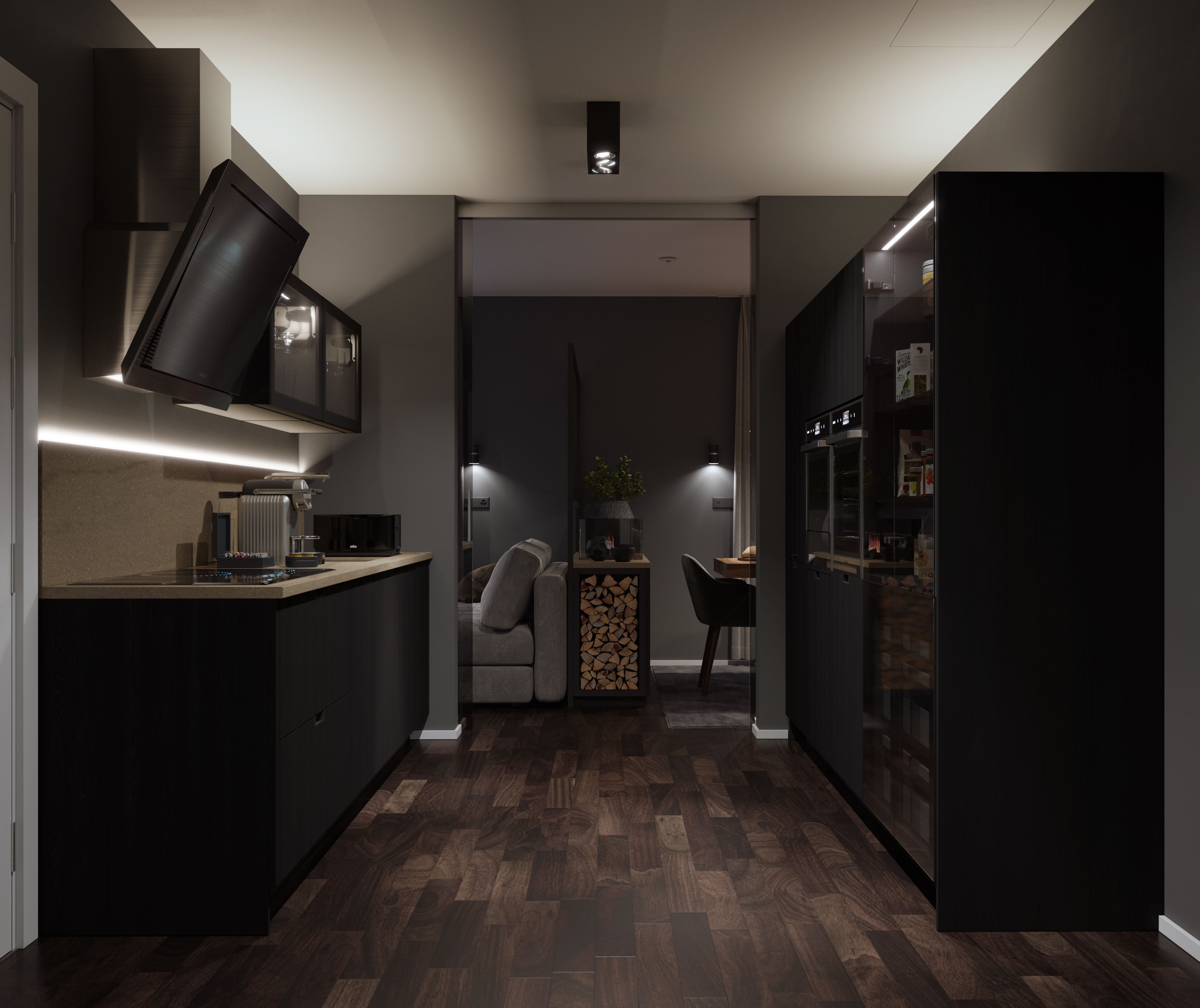 Großer Kühlschrank, Ofen, Herdplatte, Geschirrspüler