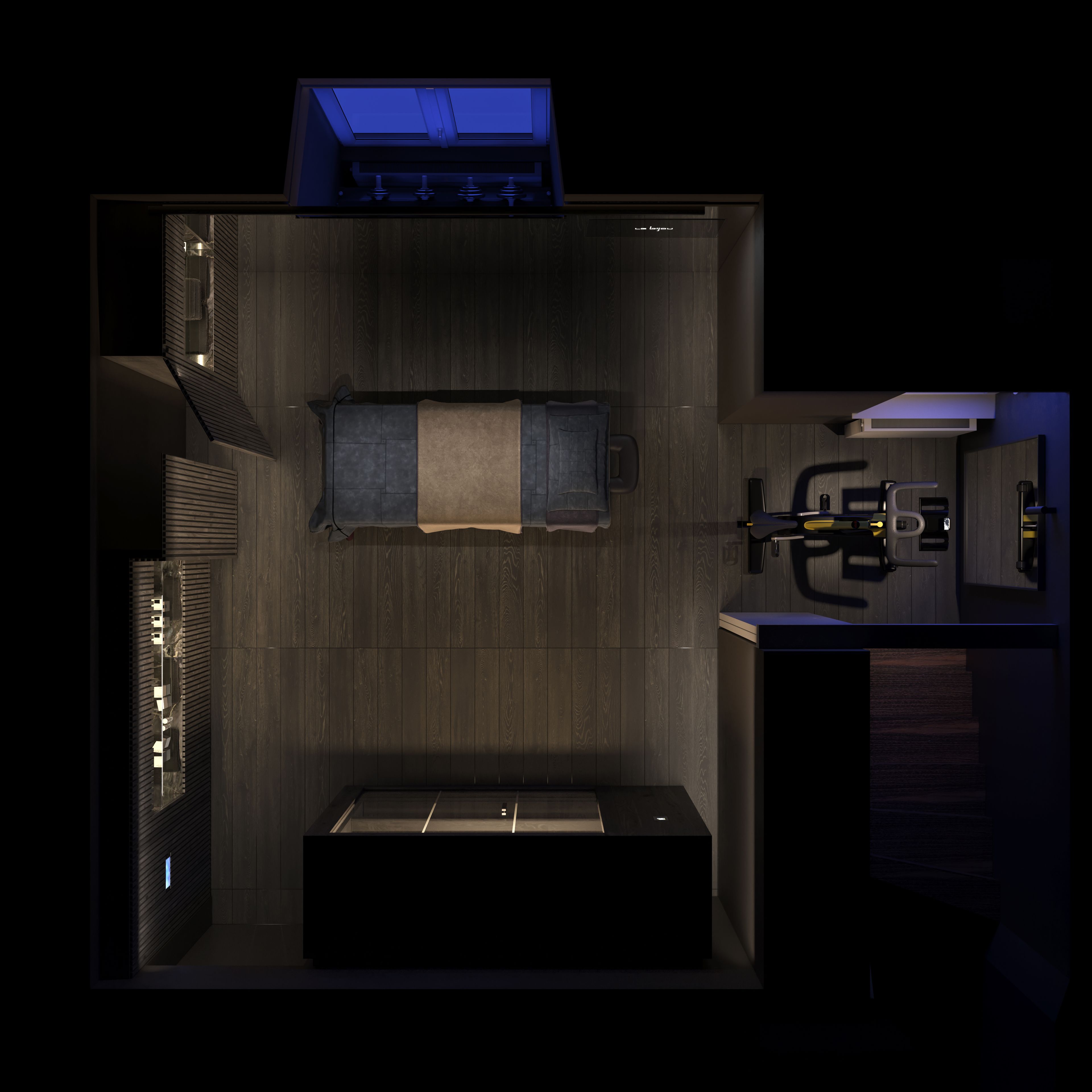 Une chambre compacte et moderne, dotée d’une lucarne, d’un lit, d’un bureau et d’une petite kitchenette.
