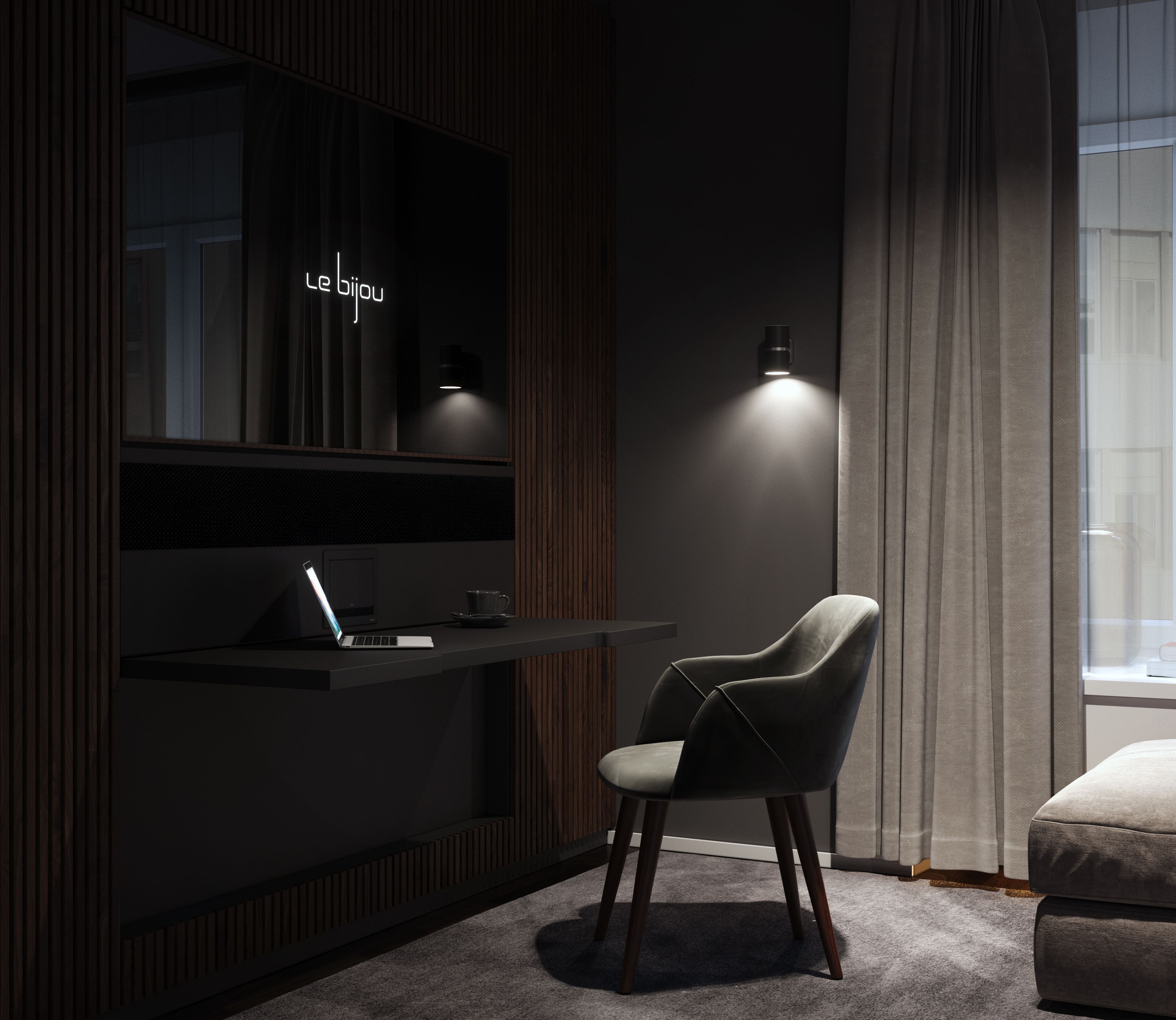 Une pièce moderne, à la lumière tamisée, avec un mur lambrissé en bois foncé, une petite table ronde sur laquelle se trouve un ordinateur portable, un fauteuil rembourré de couleur grise et un luminaire fixé au mur.