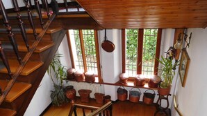 A wooden staircase with a handrail, a landing with potted plants, and a window with a view of greenery.
