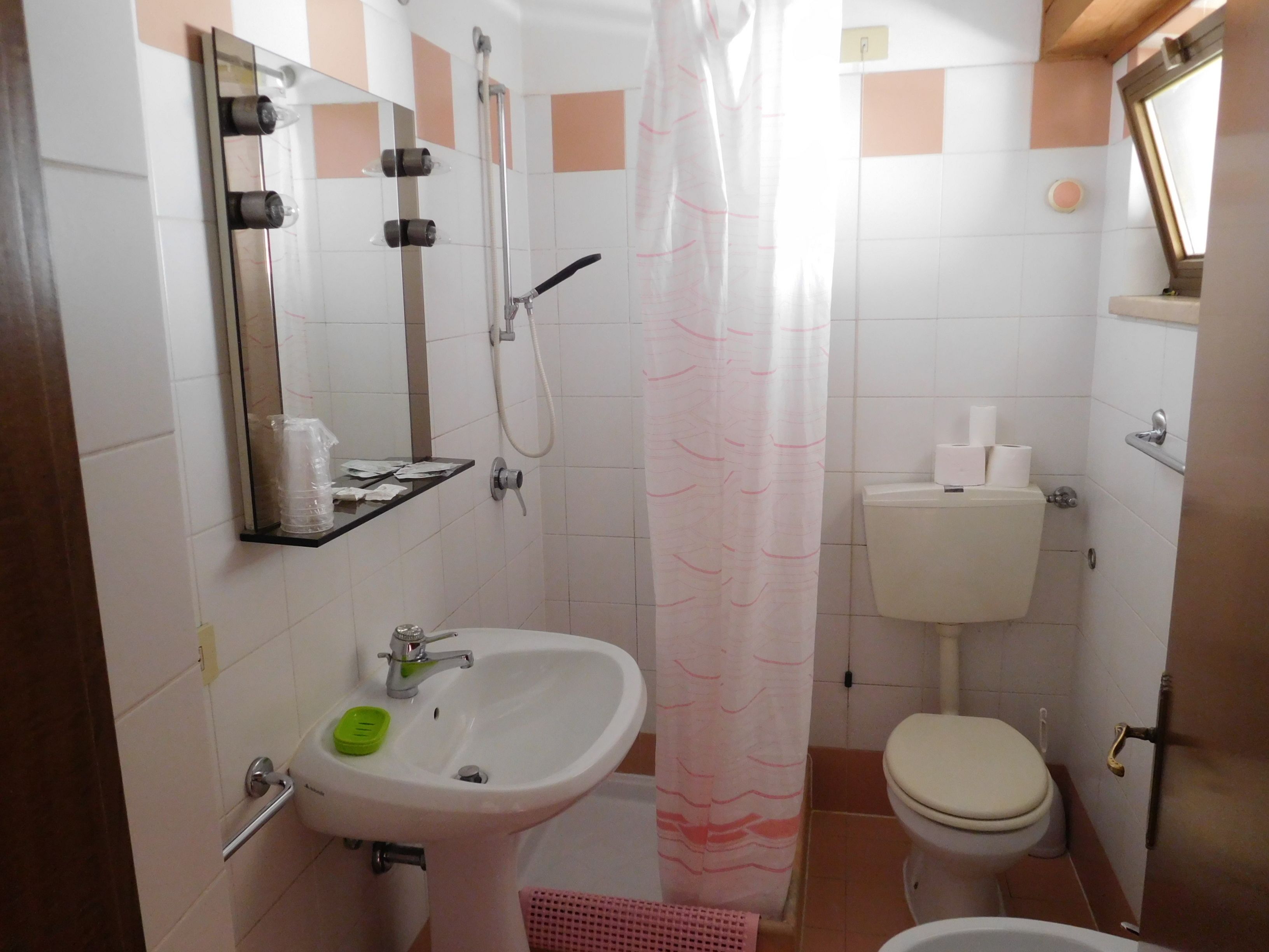 A bathroom with a sink, toilet, shower, and a mirror.
