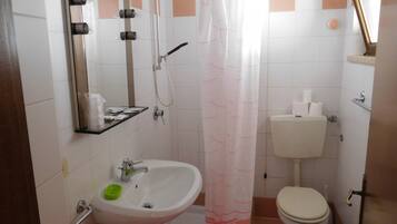 A bathroom with a sink, toilet, shower, and a mirror.
