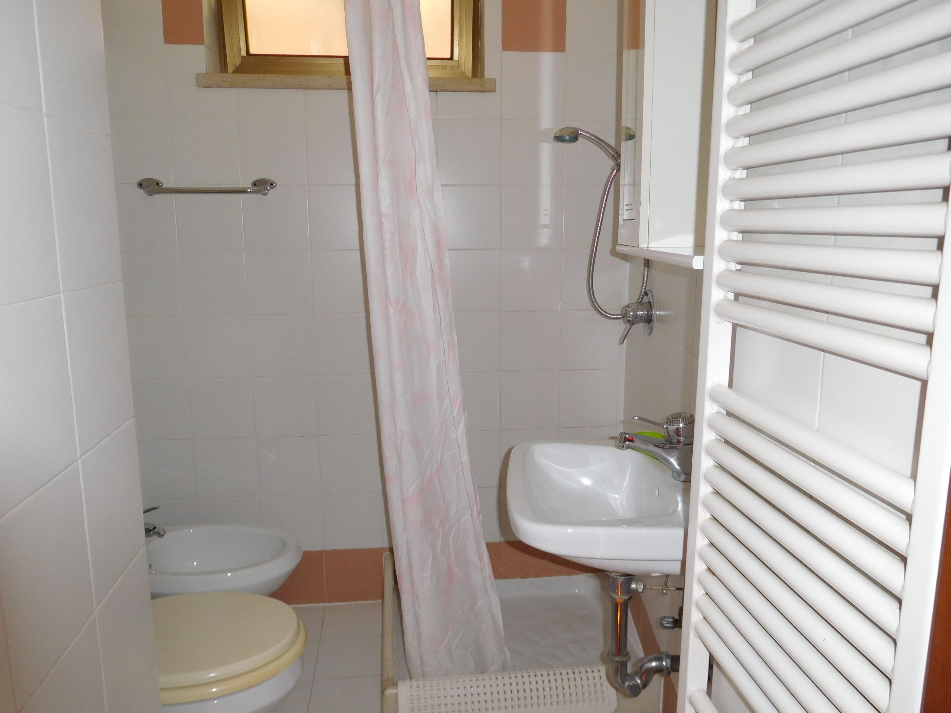 Une petite salle de bain avec des toilettes, un lavabo et une douche.