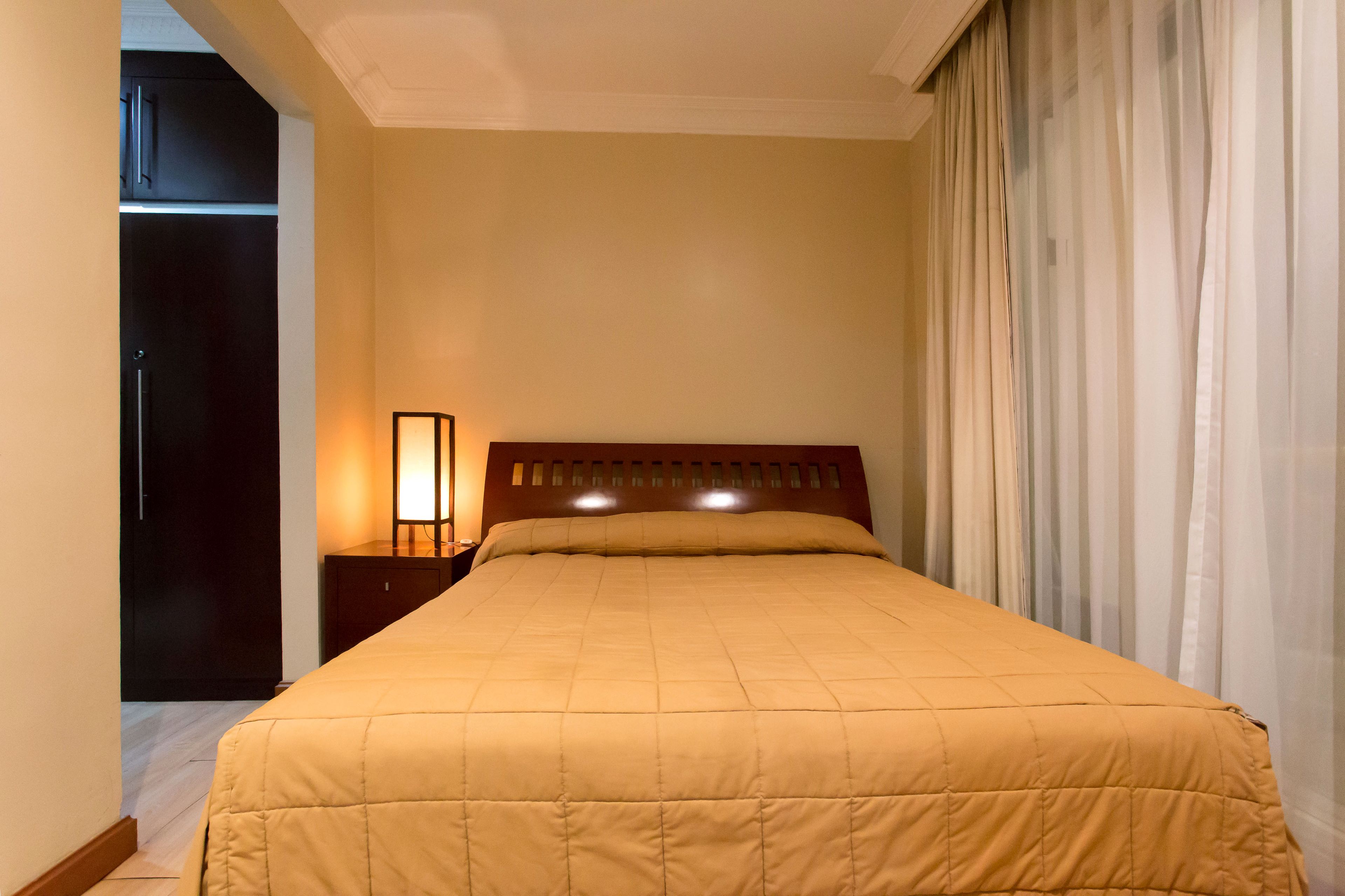A hotel room with a bed, a nightstand, a lamp, a door, and a curtain.