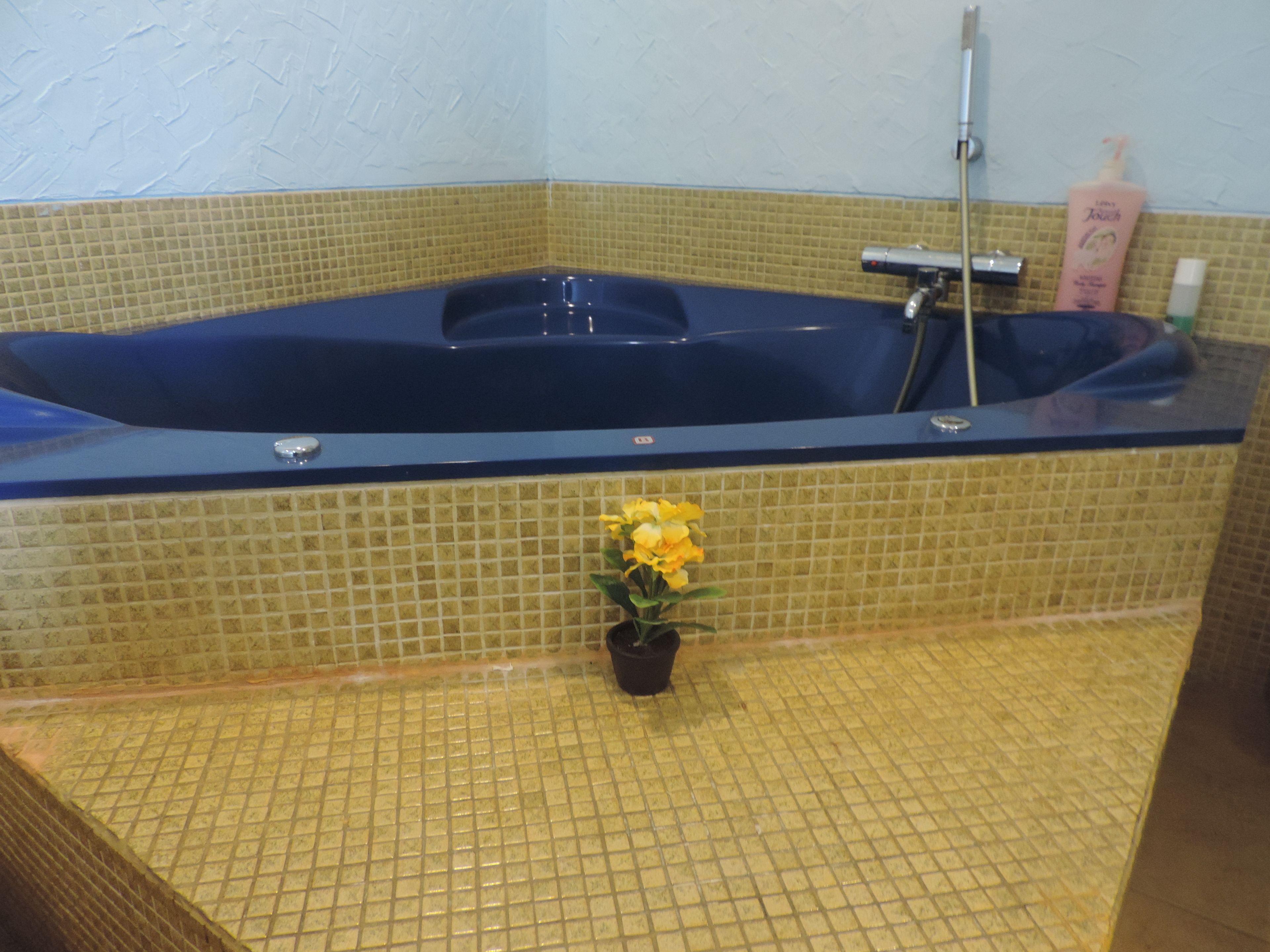 Una bañera con interior azul, una flor amarilla en maceta y un muro cubierto de baldosas amarillas.