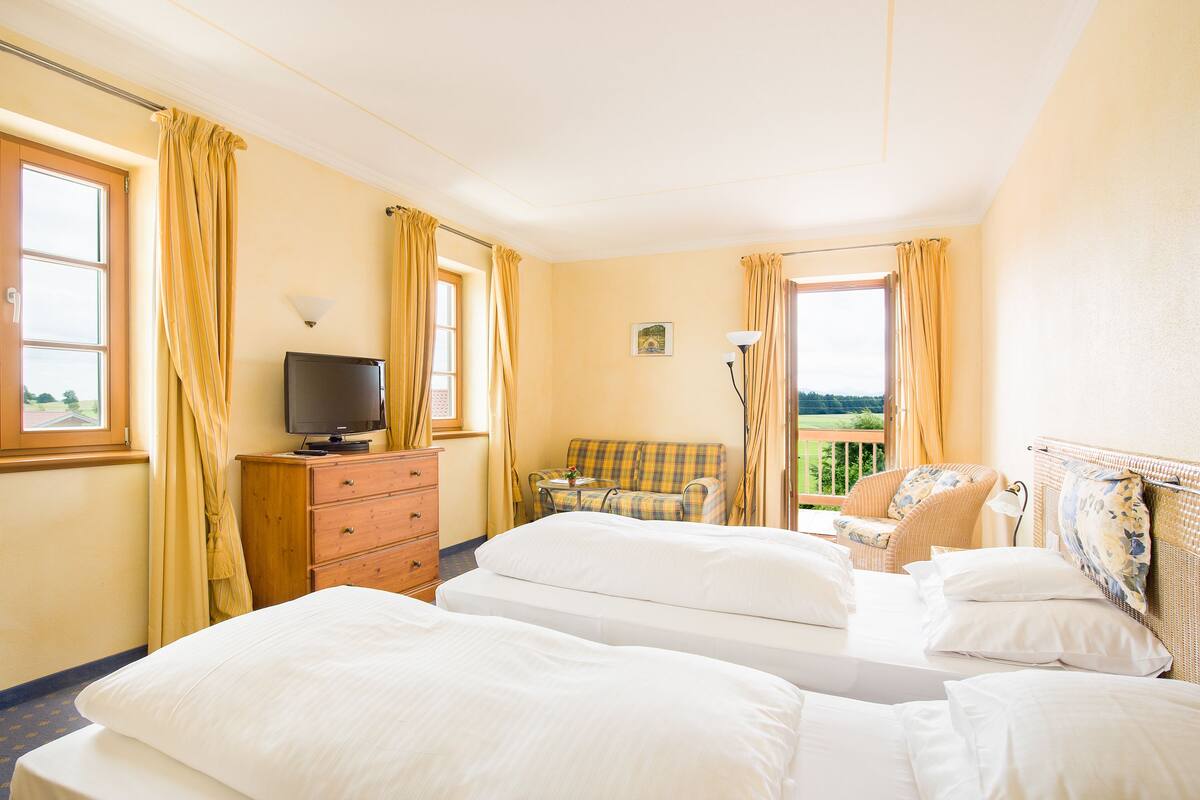 A hotel room with two beds, a TV, a dresser, and a balcony with a view.