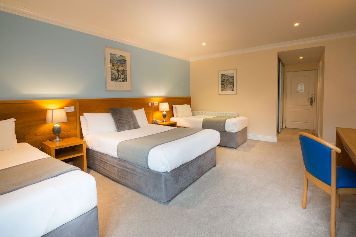 A hotel room with two beds, a desk, and a chair.